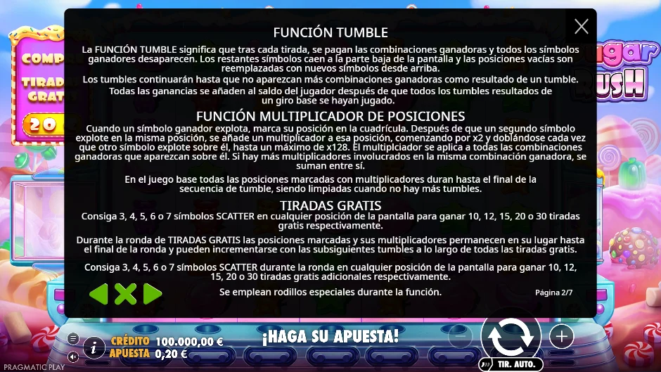 Sugar Rush — función tumble y multiplicador de casillas